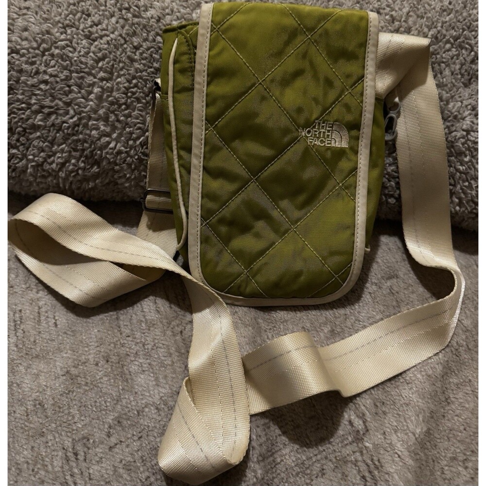 The North Face Quilted Nylon Crossbody Bag Olive Green Cream Strap EUC